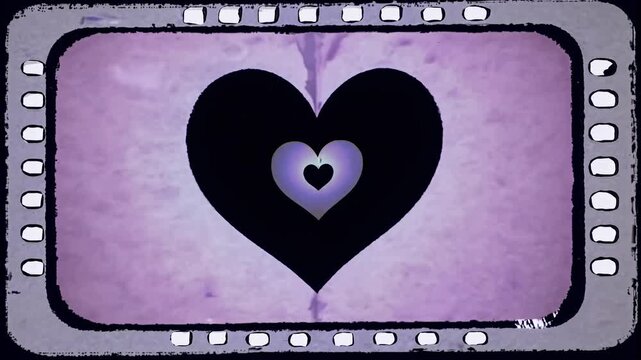 Split-screen video with a close-up angle, blending a person's face and textured surface, centered with a heart symbol, framed by filmstrip edges.