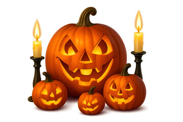 Obraz premium Happy Carved Jack O Lantern Pumpkin Group with Glowing Candles for Autumn Harvest Holiday Season on white background