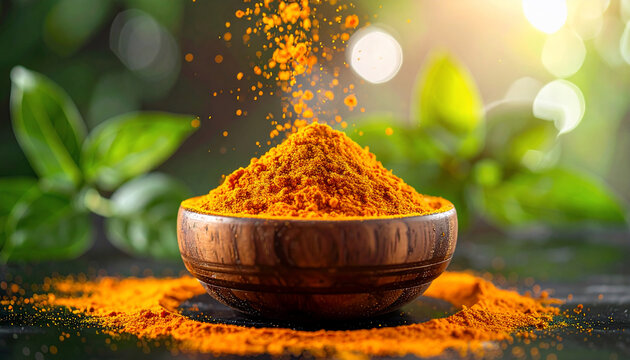 Turmeric Powder in Wooden Bowl