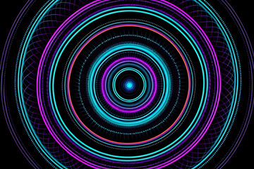 Obraz premium Geometric abstract patterns form vibrant circular shapes with glowing blue and purple lines creating mesmerizing futuristic design