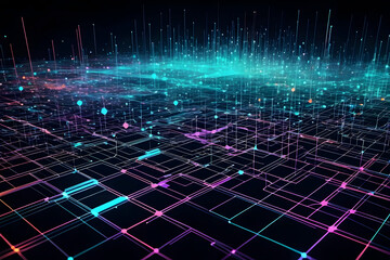 Digital geometric abstract patterns with glowing lines and dots create futuristic technology and data network visualization in vibrant colors