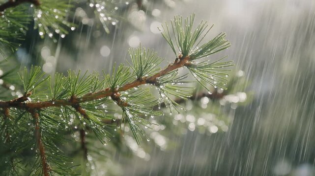 Close-up of rain drops on a larch tree branch. Blurred background. Moody atmosphere of a rainy day. 