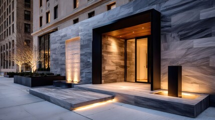 Modern building entrance featuring stone facade and illuminated landscaping