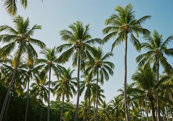 Obraz premium Lush tropical palmtree garden scene, with tall elegant palms swaying gently under a clear sky. A serene natural landscape, perfect for relaxation and escape ,beautiful ,natural ,lush