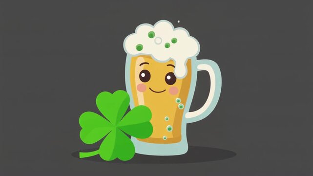 Animated cartoon graphic of a shamrock and beer for Irish holiday celebration