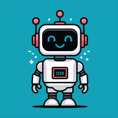 Naklejka premium Cute Friendly Robot Character Vector Illustration,Futuristic Cartoon Robot Mascot on Blue Background,Modern AI Robot Assistant Smiling Vector Art,Friendly Artificial Intelligence Robot Chat.