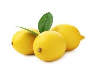 Many whole ripe lemons and leaves isolated on white