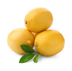 Many whole ripe lemons and leaves isolated on white