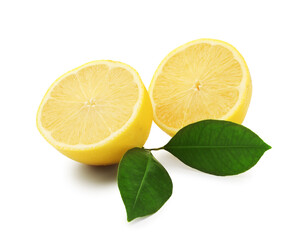 Halves of ripe lemon and leaves isolated on white