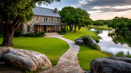 Stone house with path leading to river