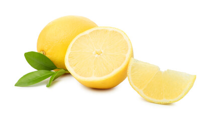 Whole and cut ripe lemons with leaves isolated on white