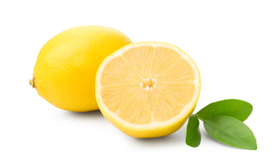 Whole and cut ripe lemons with leaves isolated on white