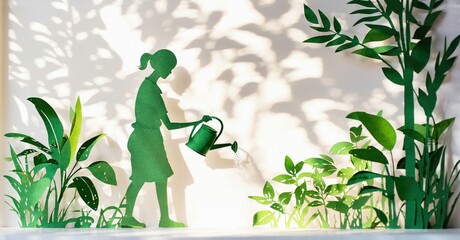 Papercraft scene depicts girl watering plants. Green hues dominate, creating whimsical garden illustration. Light casts shadows, adding depth.