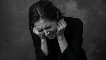Young woman expressing distress while holding her head in darkness  