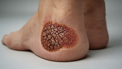 Close-up of foot with cracked skin condition on grey background  