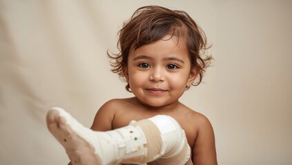 Toddler smiling and showing orthopedic boot while sitting indoors  