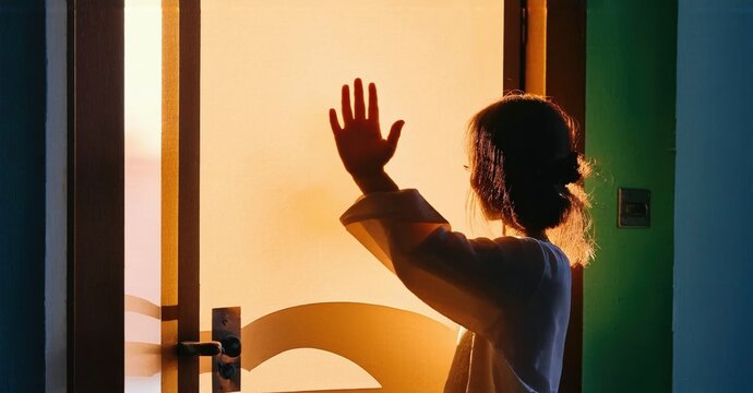 Person silhouetted doorway, raising hand. Warm light spills interior, creating dramatic contrast. Intimate, mysterious scene.