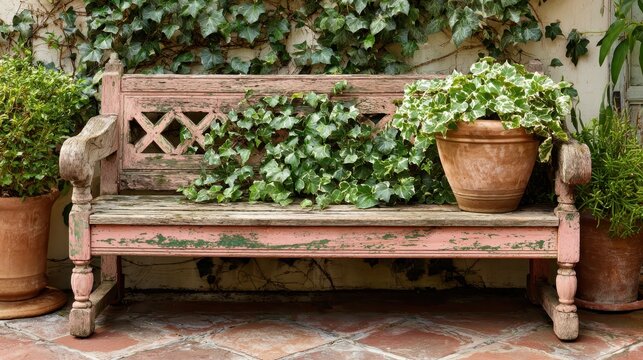 Rustic wooden bench with potted plants and ivy against a cream wall. Ideal for promoting garden decor, outdoor living, or home improvement.