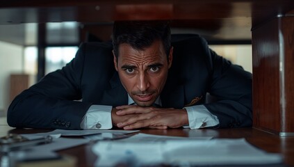 Man looking stressed while sitting under a desk in an office  