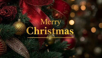 Christmas tree decorations with ornaments and ribbons in bokeh background  