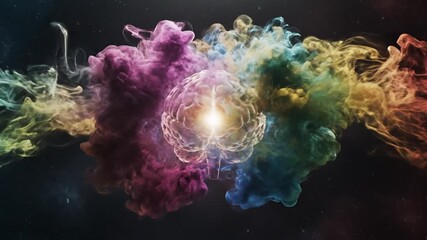 Conceptual brain illustration with colorful smoke and light burst medical science knowledge creativity - Powered by Adobe