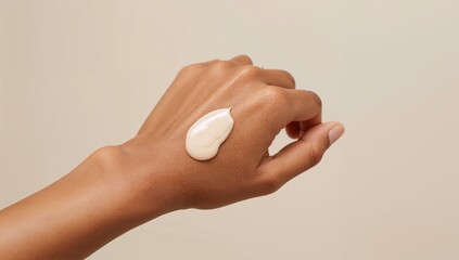 Hand applying cream on skin with neutral background  