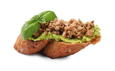 Delicious bruschetta with tuna, avocado and basil isolated on white