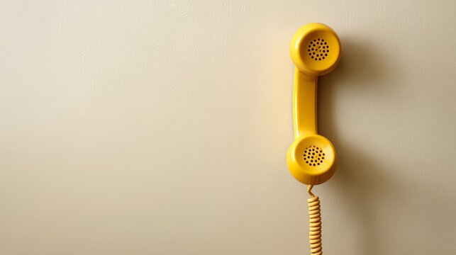 Yellow telephone receiver with a coiled cord hanging vertically on a textured off white wall, creating a strong shadow and emphasizing vintage communication concepts