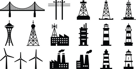 Black silhouette icons of infrastructure and industrial structures, including bridges, factories, towers, wind turbines, lighthouses, oil rigs, urban development, energy, communication