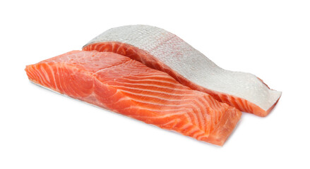 Pieces of salmon fillet isolated on white