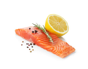 Piece of salmon fillet with spices isolated on white