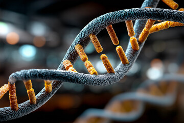 Detailed microscopic 3d render of a gray and orange double helix dna strand structure against a blurred dark scientific background. Concept of genetics, biology, and molecular research