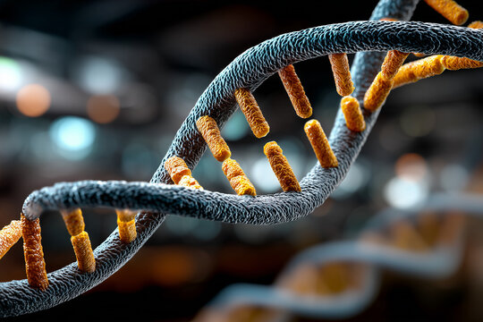 Detailed microscopic 3d render of a gray and orange double helix dna strand structure against a blurred dark scientific background. Concept of genetics, biology, and molecular research