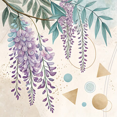 Delicate lavender wisteria blooms hanging artfully with abstract geometric shapes and light peach backdrop illustration