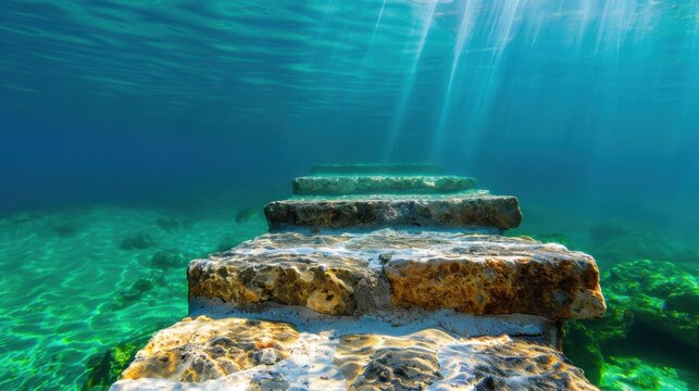 Serene underwater stairs leading to mysterious depths in a clear blue ocean with sunlight filtering through the surface