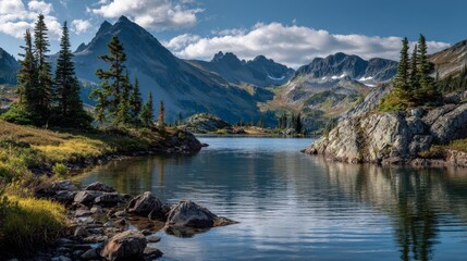 Calm lake reflects towering peaks and vibrant autumn foliage, with evergreens on shores under a blue sky