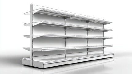 Empty supermarket shelving unit isolated on white background. Ideal for visualizing retail space or product placement designs.
