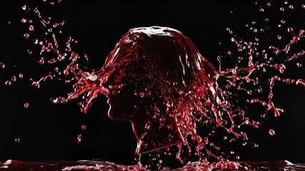 Beautiful red liquid flows and splashes around artistic profiles, creating dynamic shapes and unexpected patterns in a dark atmosphere. The evening setting enhances the visual impact. - Powered by Adobe