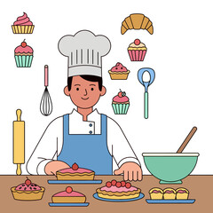 Baker preparing desserts and pastries in kitchen with baking utensils