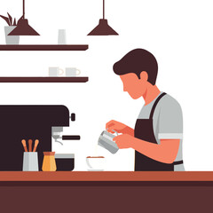 Barista preparing cappuccino behind coffee counter in modern cafe