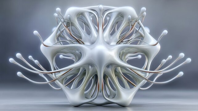 A futuristic biomorphic composition with white glossy shapes and copper threads. Ideal for themes of artificial intelligence and biotechnology.