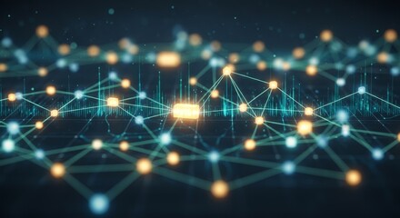Abstract digital network with glowing interconnected nodes and lines representing data flow and technological connections.
