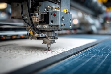 Fototapeta premium Close up of industrial cutting machine precisely working on pattern. Demonstrates technology and automation in manufacturing, design, and tailoring.