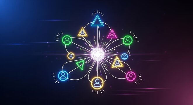 Abstract digital illustration of a glowing central core connecting to various neon-colored user and geometric icons, symbolizing network, community, and data flow on a dark background. - Powered by Adobe