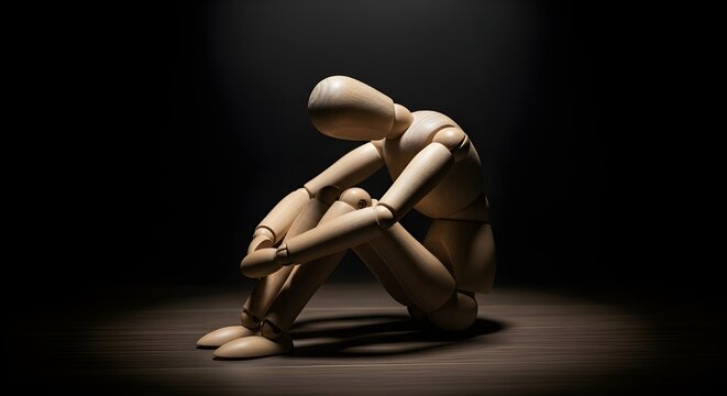 Wooden mannequin sitting in a dark room with its head down and arms wrapped around its legs on the floor - Powered by Adobe
