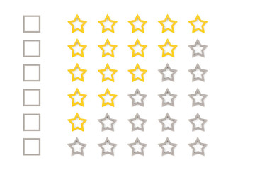 Gold, gray five stars shape on a white background. Rating stars with tick. Feedback evaluation. Rank quality. Feedback from 0 before 5 for apps and websites.