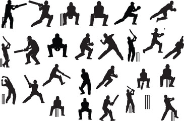 Set of cricket players silhouettes in various batting, bowling, and fielding poses vector.