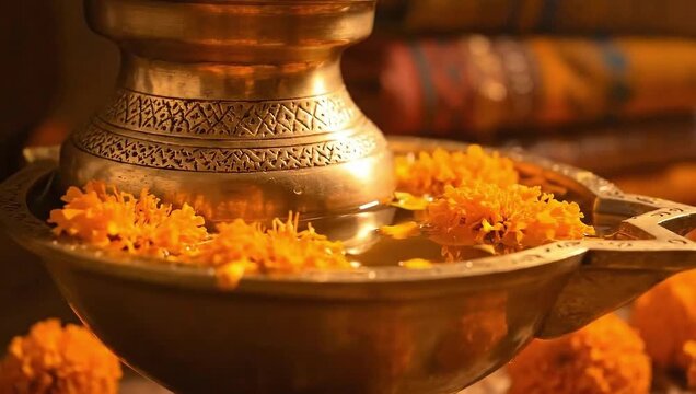 Traditional Indian brass vessel with marigold flowers religious ceremony