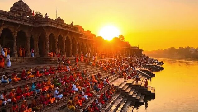 Crowds gather on temple ghats during a vibrant Indian sunset ceremony