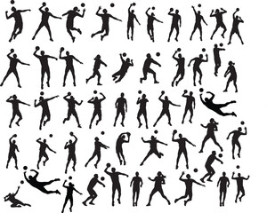Set of volleyball players silhouettes in various action poses, jumping and serving vector.